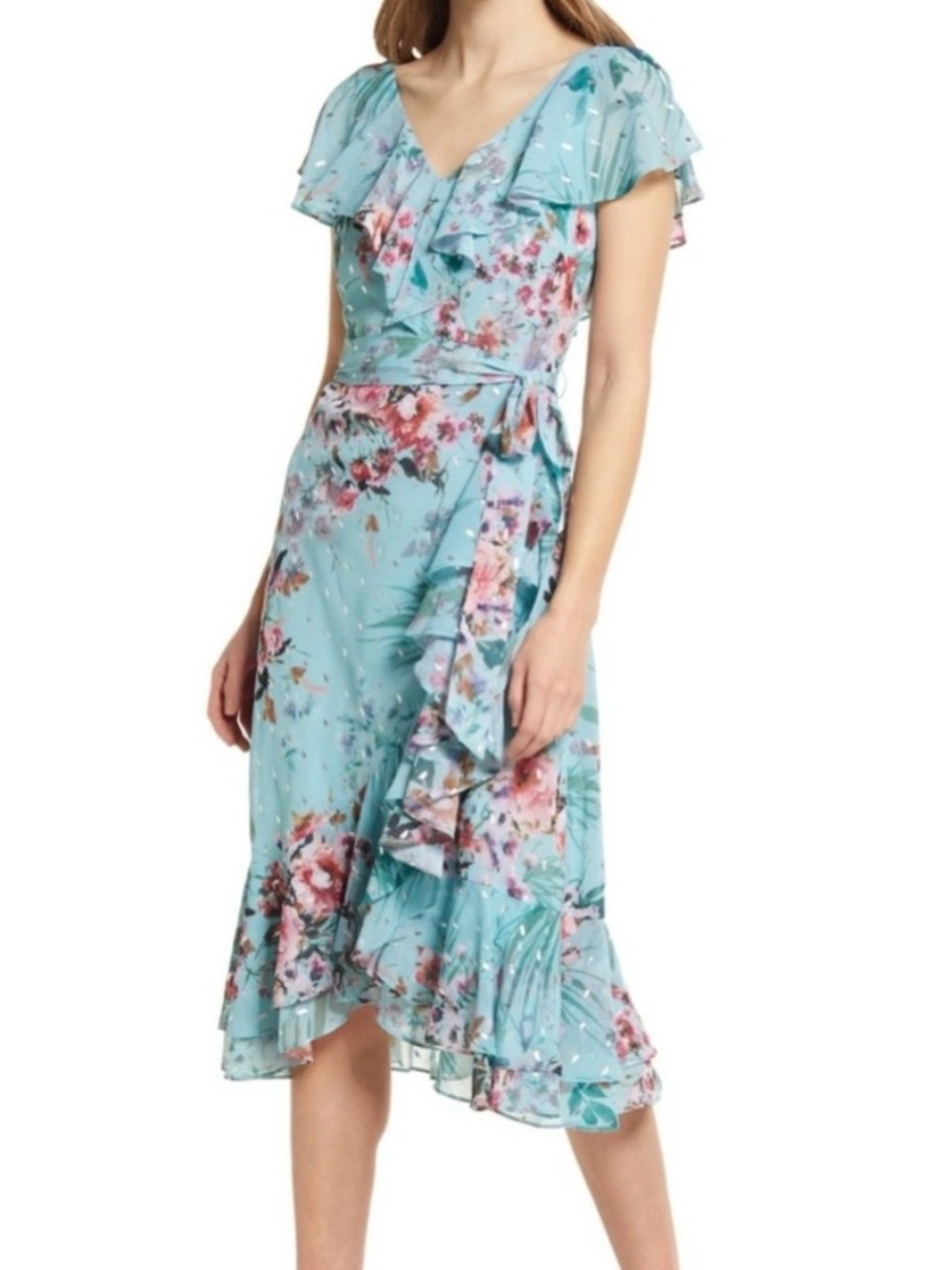 Eliza J NWT Floral Foil Faux Wrap Ruffle Midi Dress Size 14